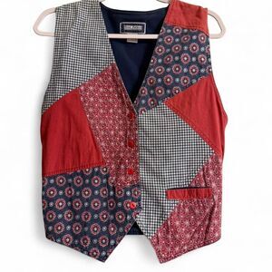 Vintage 90's Gina Peters Red and Blue Patchwork Vest with Pocket